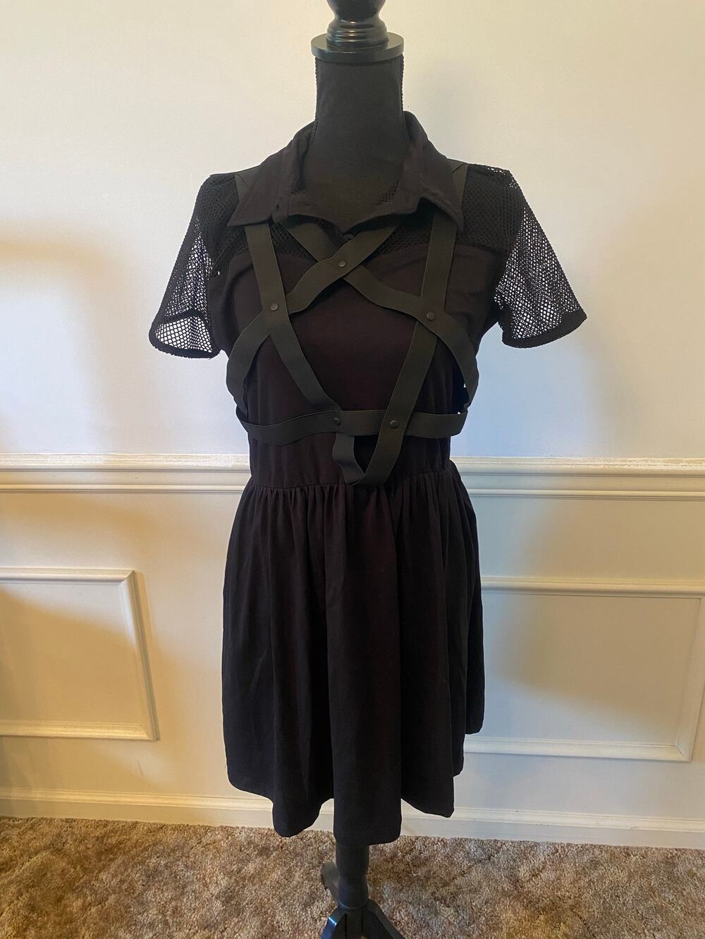Esther Heartless Black Mesh Sleeve Mini Dress Pentagon Harness Collar Goth